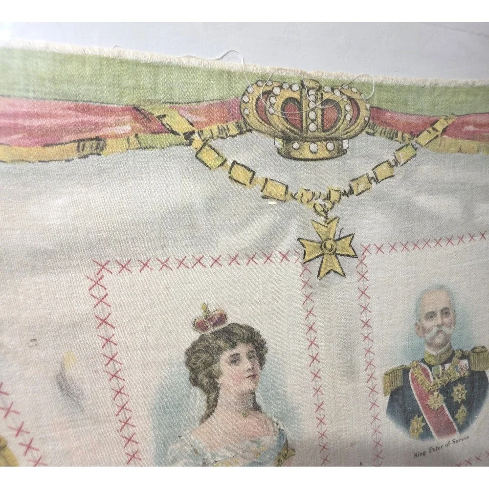 Antique Silk Tobacco Rug American European Royalty Monarchs Textile WWI Era